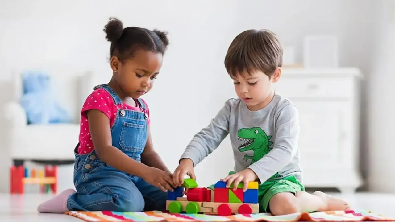 Two children engage in parallel play, building a colorful wooden train with blocks.