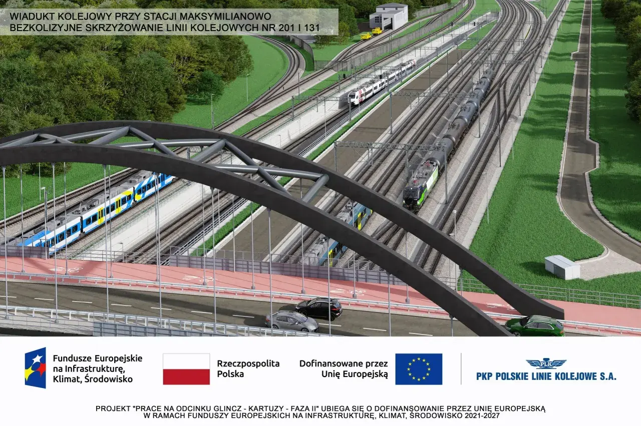 Wiadukt kolejowy nad skrzyżowaniem linii 201 i 131. Nowoczesny zakład linii kolejowych z pociągami pasażerskimi i towarowymi.
