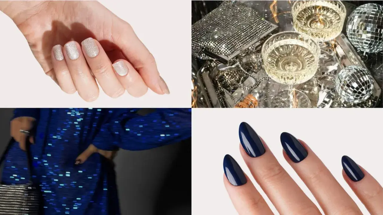 Manucure festive pour le jour de l'an : ongles pailletés et bleu nuit, accompagnés de coupes de champagne et de boules disco.
