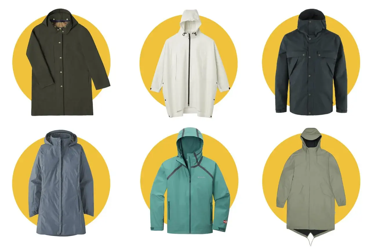 Six raincoats in various colors and styles, showcasing what fabric are raincoats made of.