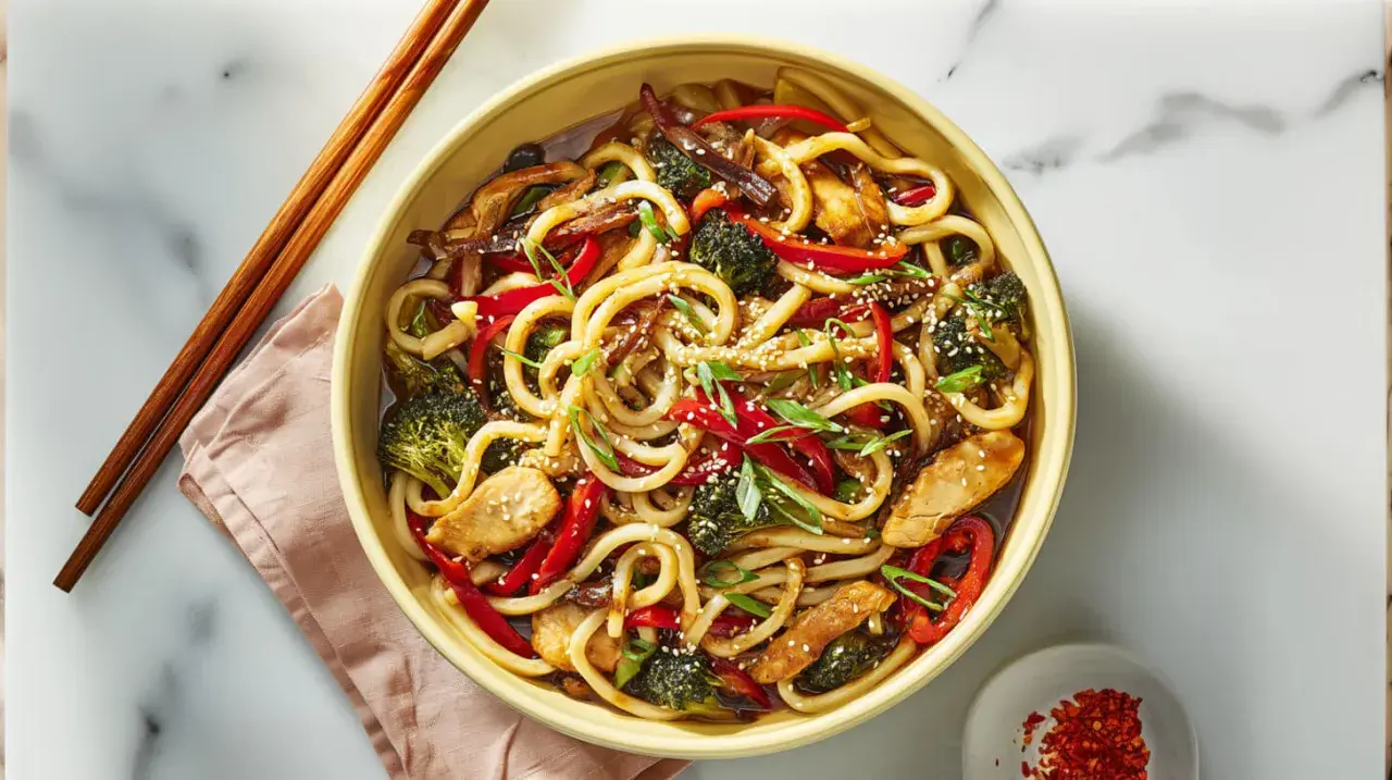 Pyszny makaron udon z kurczakiem, brokułami i papryką w sosie. Danie posypane sezamem i szczypiorkiem. Idealne na obiad, a jego makaron udon kcal jest zbilansowany.