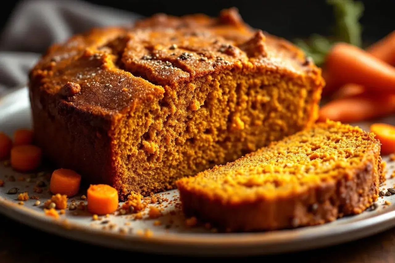 Un délicieux cake carotte cumin, moelleux et parfumé, avec des morceaux de carottes et des graines sur le dessus.