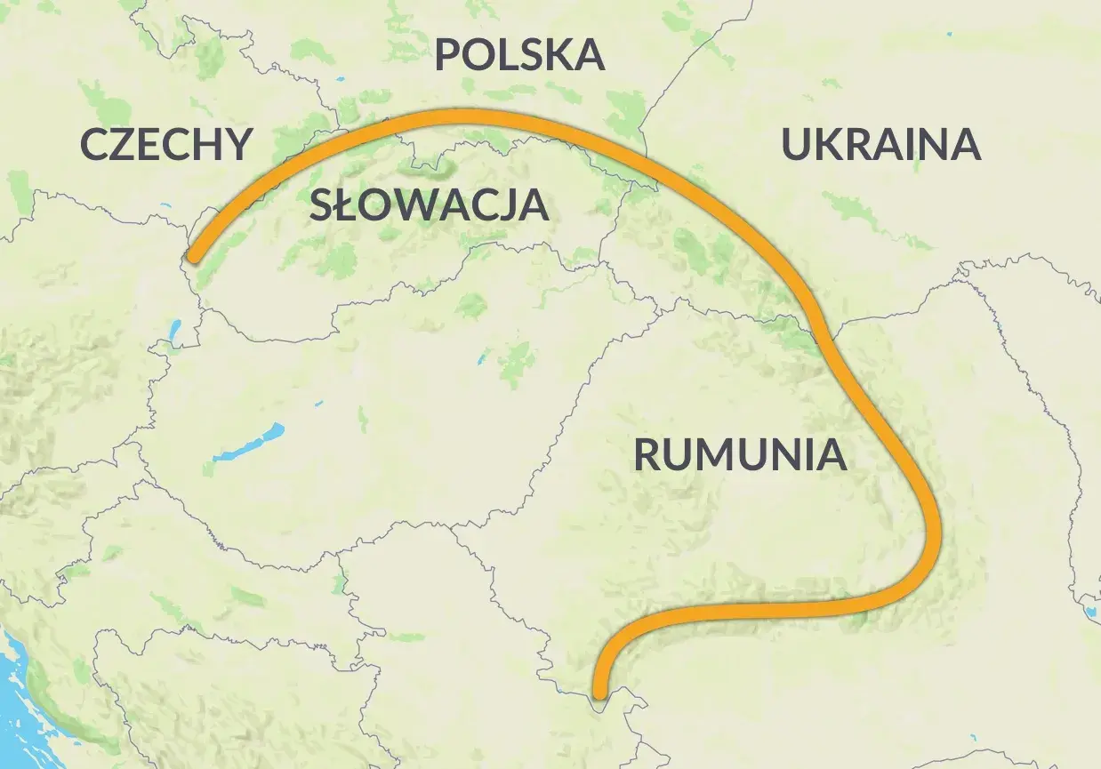 Mapa Europy Środkowej z zaznaczonym łukiem Karpat, biegnącym przez Czechy, Słowację, Polskę, Ukrainę i Rumunię.