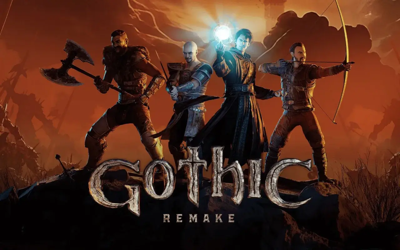Czterech bohaterów, w tym mag z kulą energii, wojownik z toporem i łucznik, gotowi do walki w świecie Gothic Remake PS5.