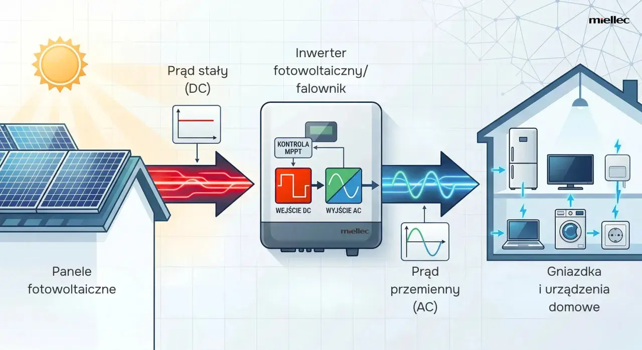 Schemat pokazuje, jak panele fotowoltaiczne przetwarzają światło słoneczne na prąd stały, który następnie inwerter zamienia na prąd zmienny dla urządzeń domowych. To nowoczesna technologia.