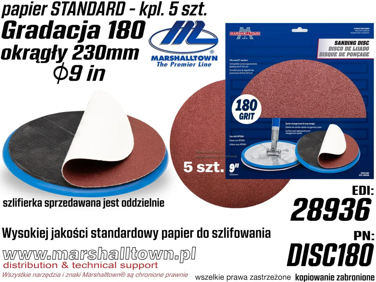 Papier ścierny Marshalltown 180 Grit, 230mm, idealny do szlifowania tynku gipsowego. Opakowanie 5 szt.