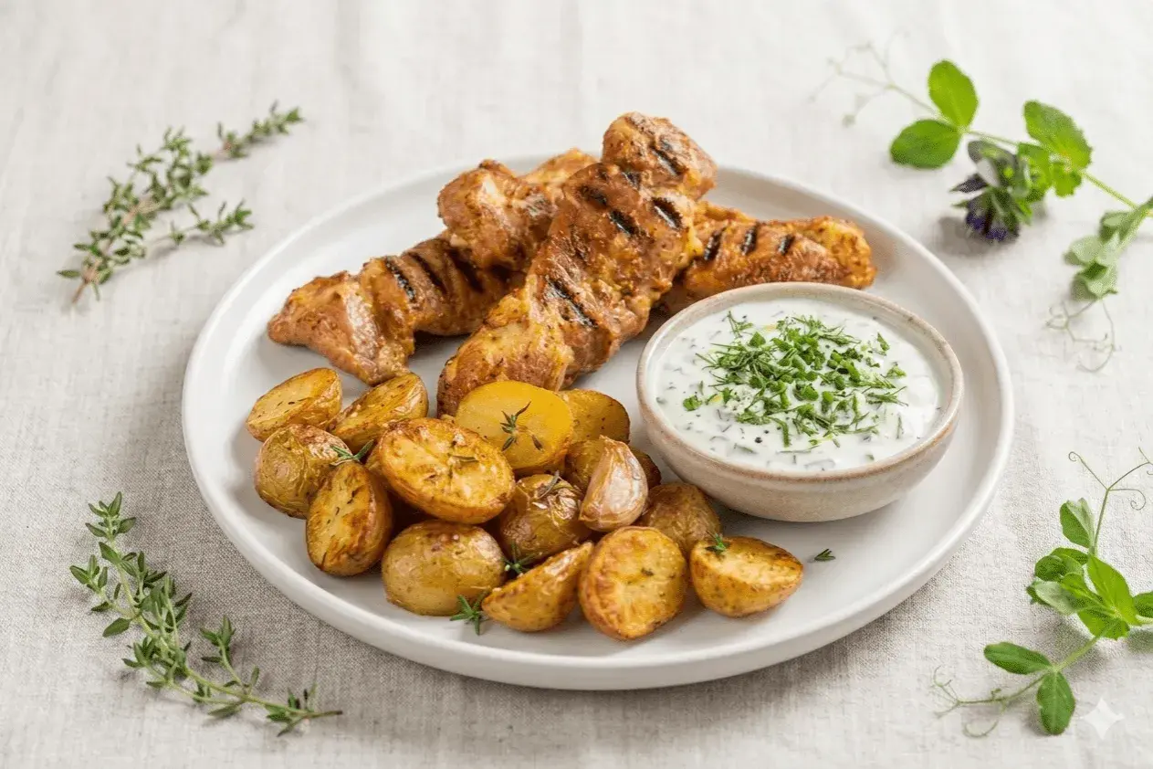 Brochettes d'araignée de porc grillées, pommes de terre rôties et sauce crémeuse aux herbes. Une recette gastronomique savoureuse.