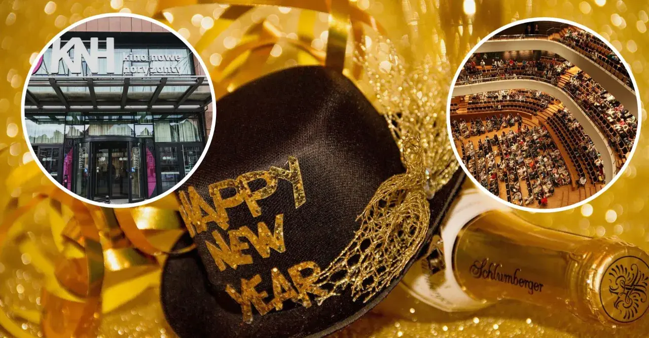 Złota czapka z napisem "Happy New Year", butelka szampana i widok na kino oraz salę koncertową.