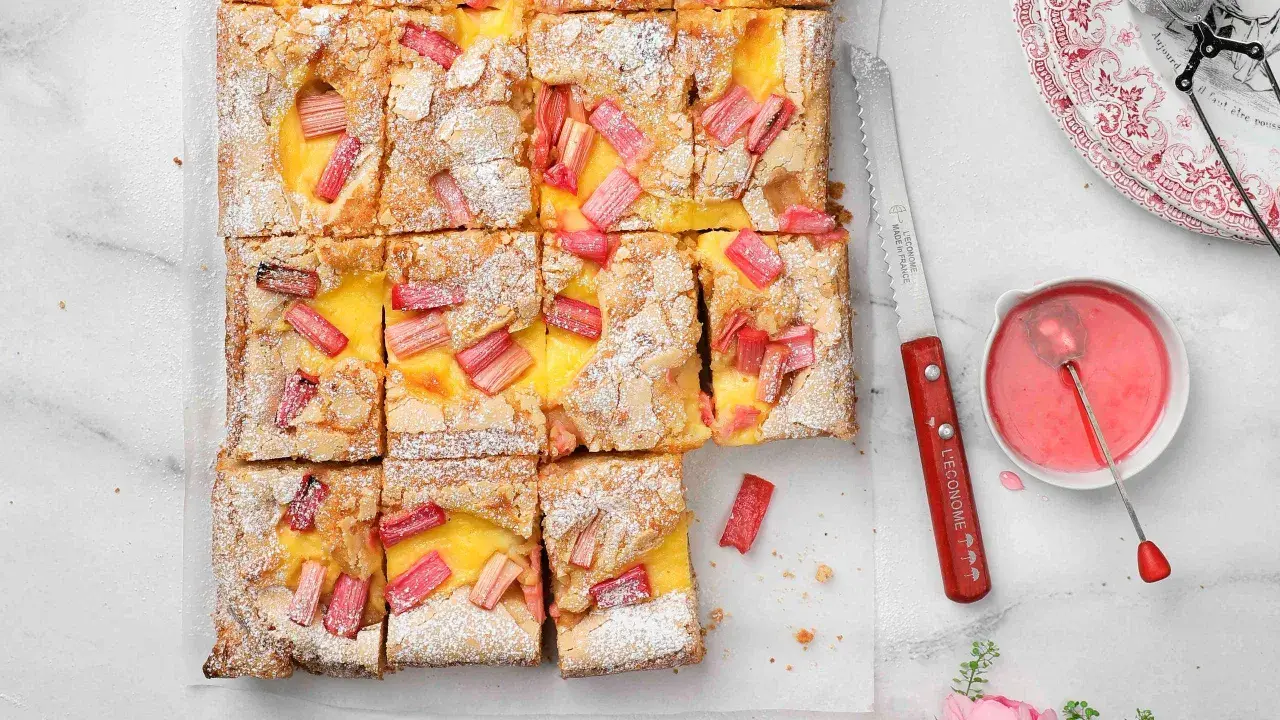 Sliced vanilla squares with rhubarb and custard, dusted with powdered sugar.