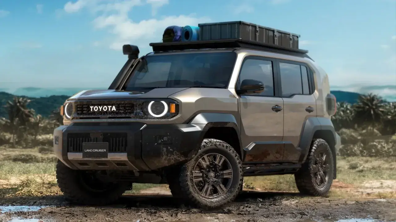 Nowy Toyota FJ Land Cruiser gotowy na przygodę, z bagażnikiem dachowym i terenowym zawieszeniem.
