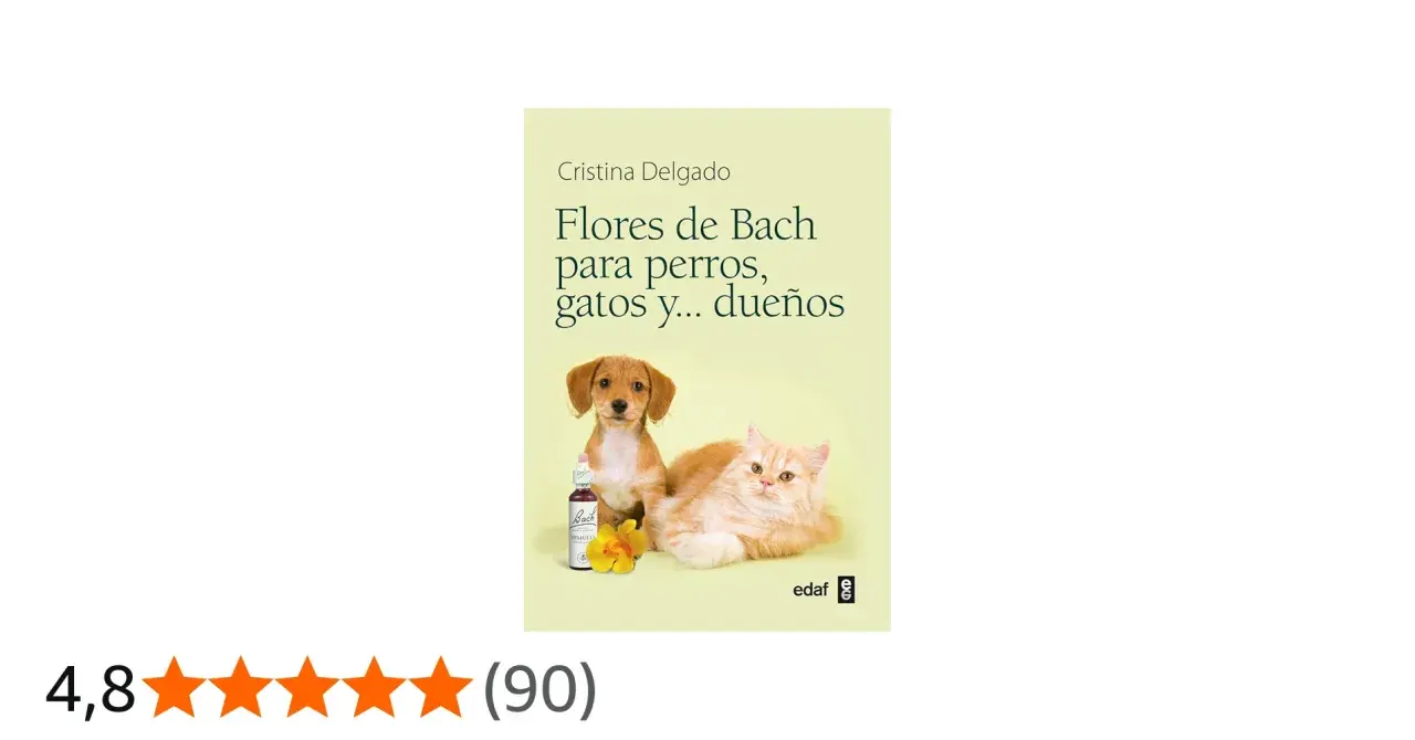 Un cachorro y un gato junto a un frasco de flores de Bach. El libro "Flores de Bach para perros, gatos y... dueños" de Cristina Delgado.