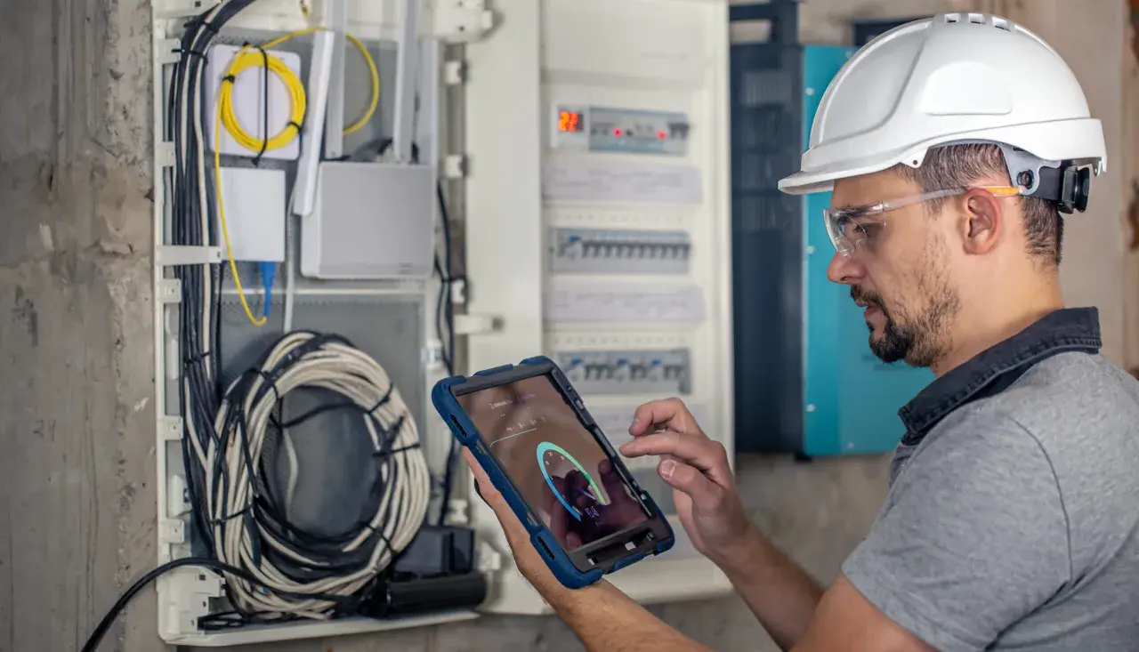 Technik w kasku i okularach ochronnych wykonuje przegląd instalacji elektrycznej domu, korzystając z tabletu z aplikacją diagnostyczną.
