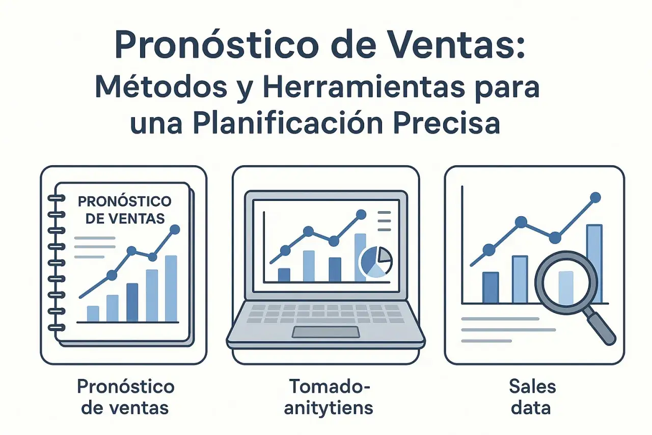 Ilustración de un pronóstico de ventas con gráficos y datos. Muestra métodos y herramientas para una planificación precisa.