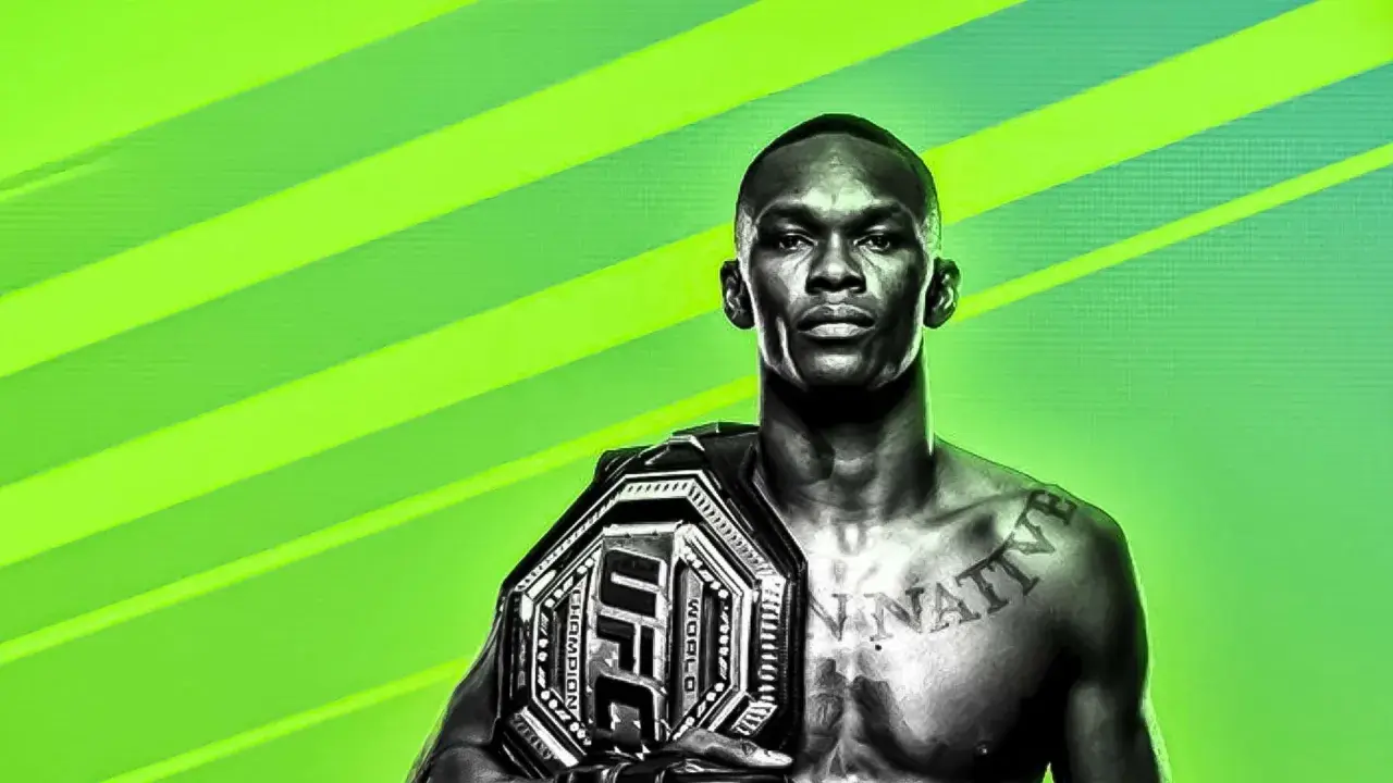 Czarno-biały wojownik UFC z pasem mistrzowskim na tle zielonych pasów.