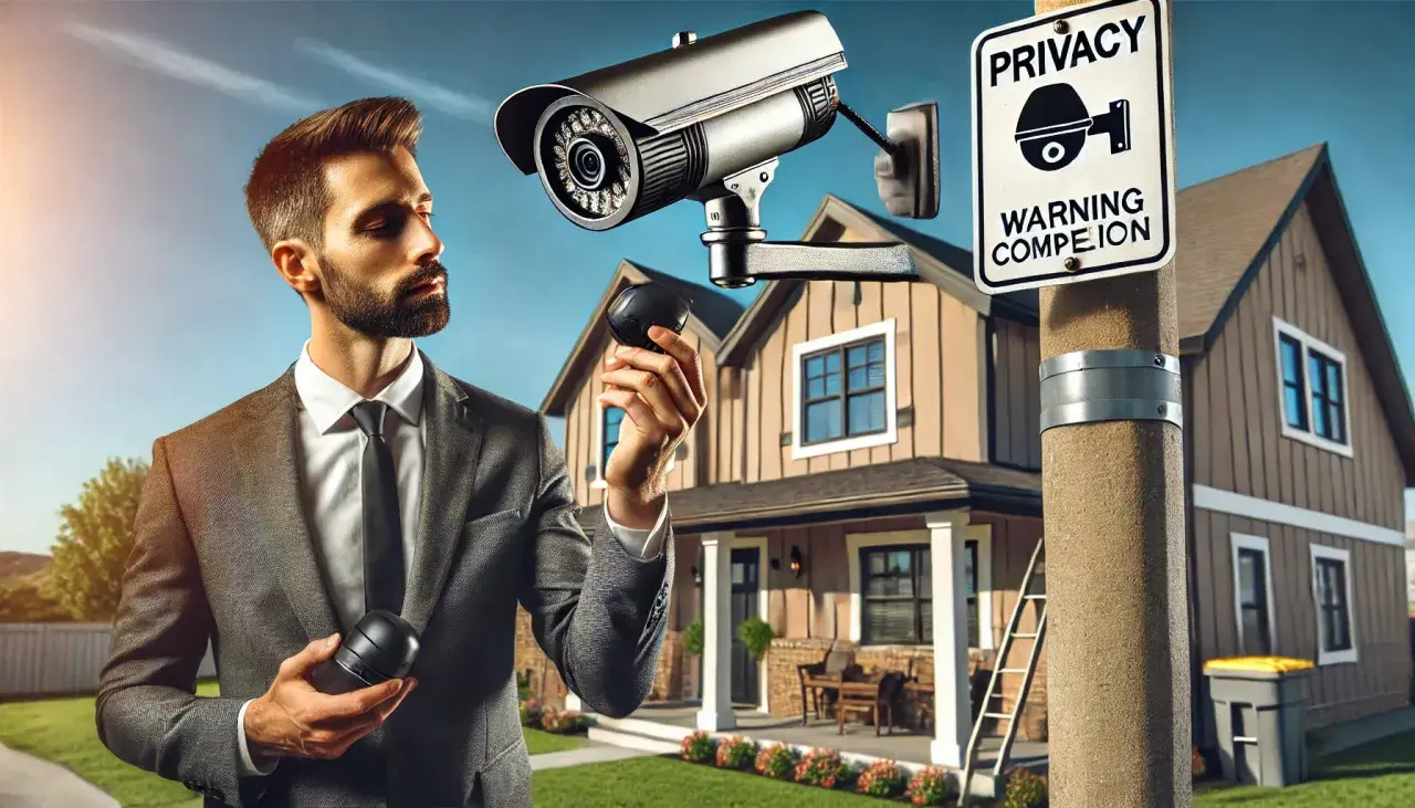 Un homme en costume examine une caméra de surveillance devant une maison. Le panneau "PRIVACY" et la jurisprudence sur la vidéosurveillance en copropriété soulignent les enjeux.