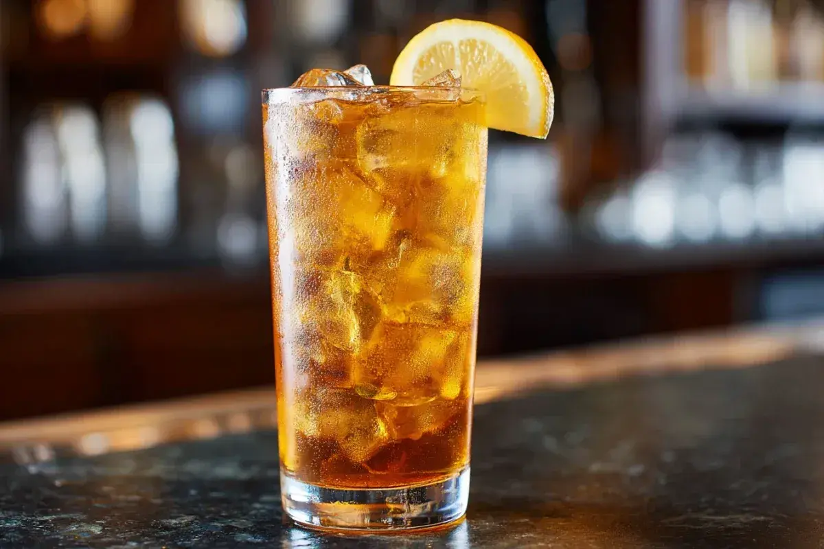 Ett glas Long Island Iced Tea med is och en citronskiva, redo att avnjutas vid en bar.