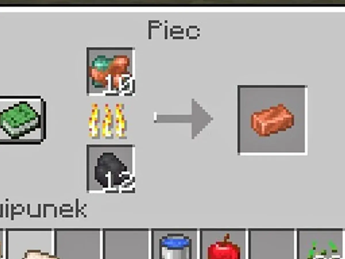 Crafting w piecu hutniczym: miedź i węgiel zamieniane na miedziane sztabki.