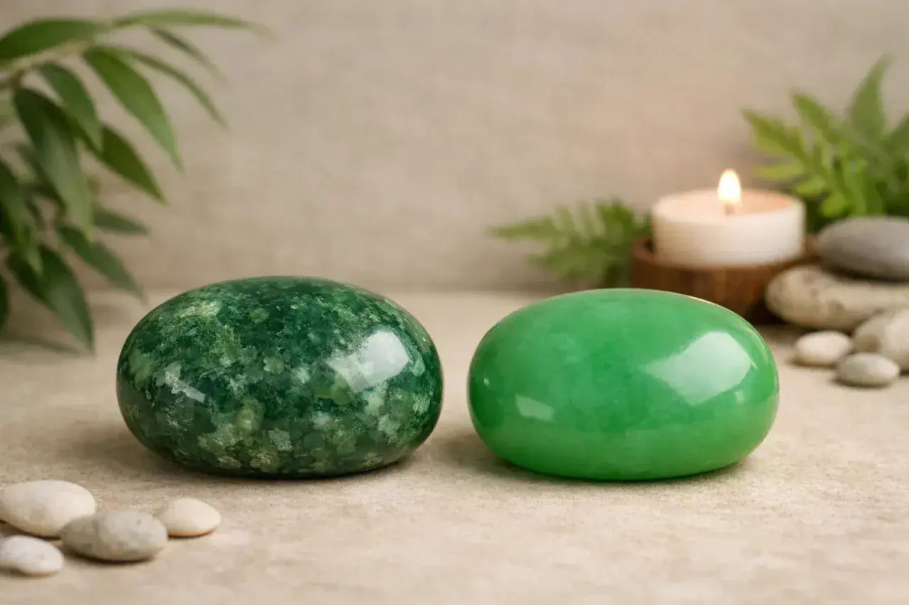 Dos piedras de jade verde, una con motas y otra lisa, junto a una vela encendida y hojas. Descubre las jade blanco propiedades.