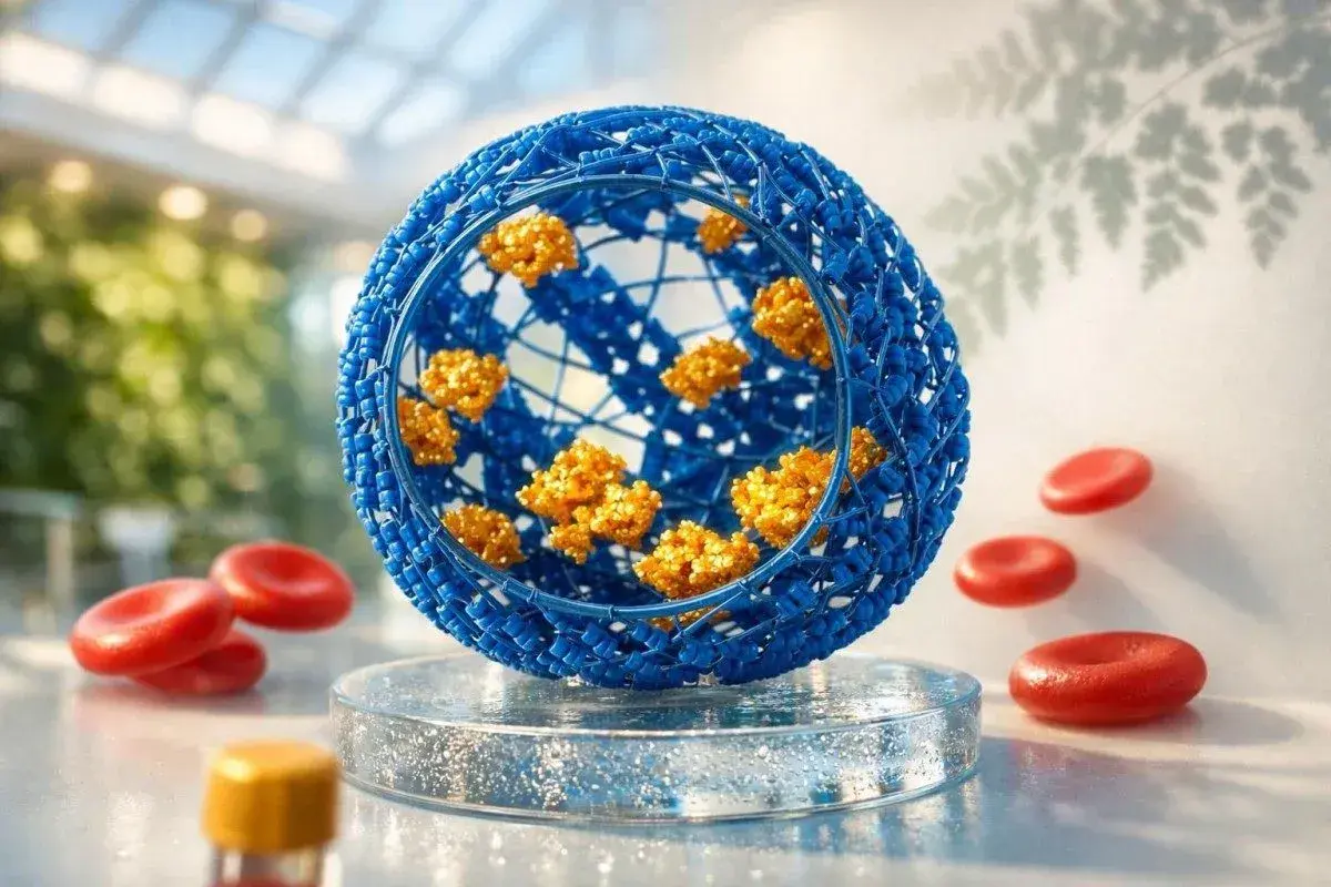 Een blauwe bol met oranje deeltjes, omringd door rode bloedcellen. Laag ferritine kan gevaarlijk zijn voor de gezondheid.