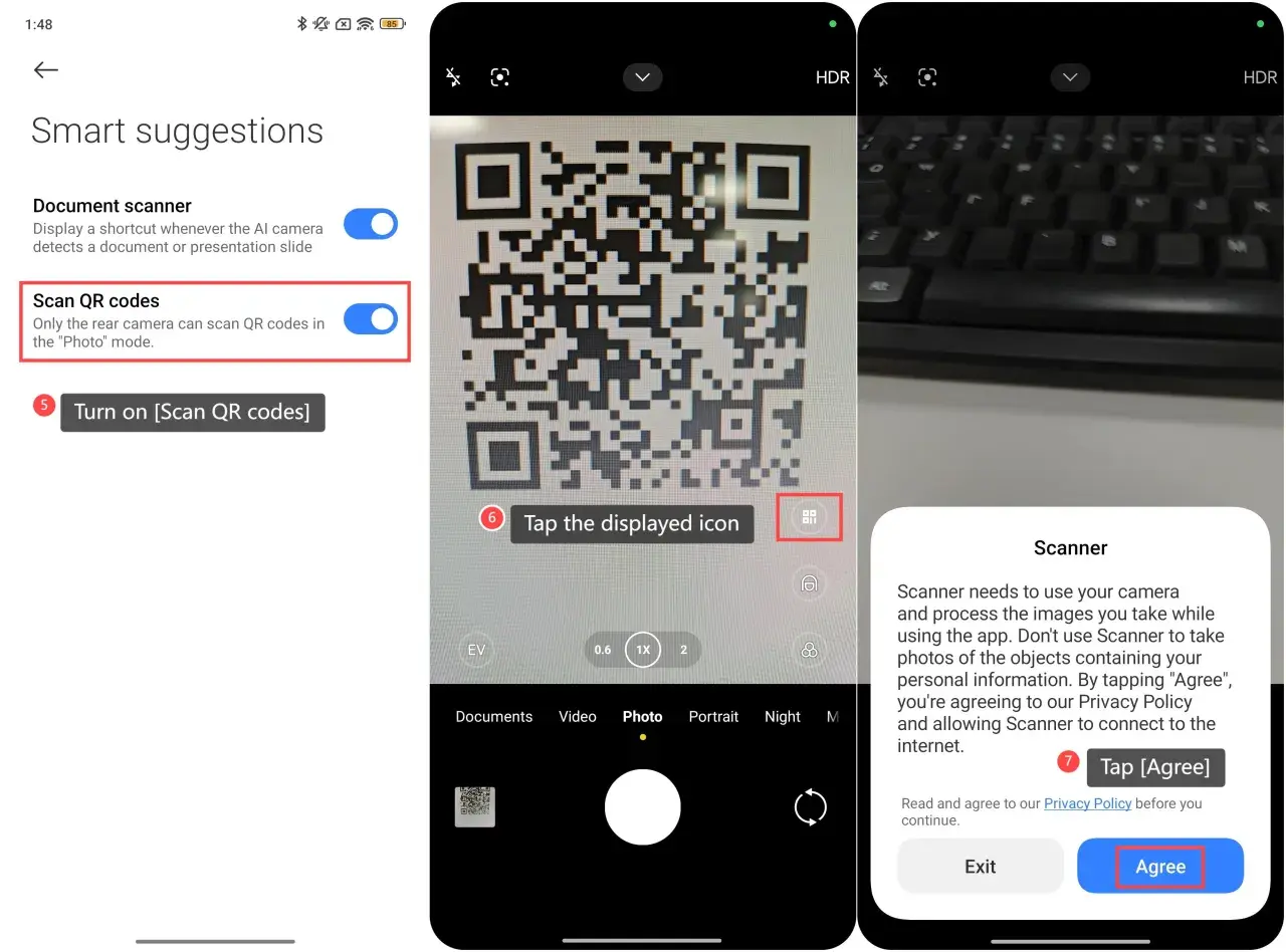 Ustawienia telefonu: włącz skanowanie kodów QR. Widok aparatu z kodem QR i klawiaturą.
