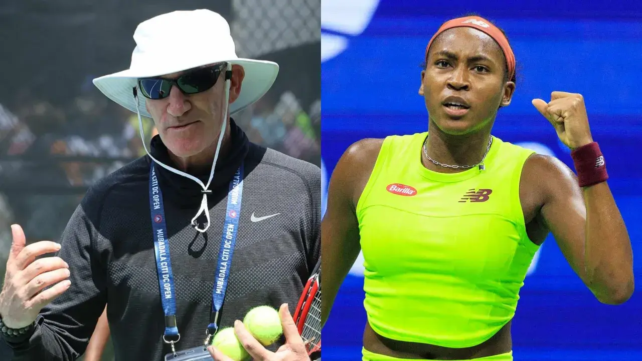 Trener Coco Gauff, w białym kapeluszu, omawia strategię z zawodniczką.