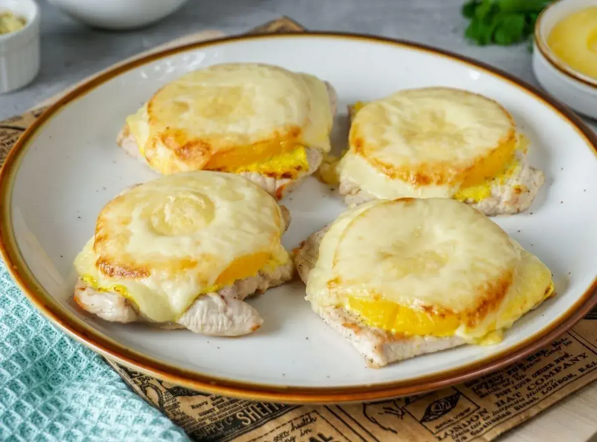 Vier saftige Schnitzel Hawaii mit geschmolzenem Käse und Ananasringen, appetitlich auf einem Teller angerichtet.