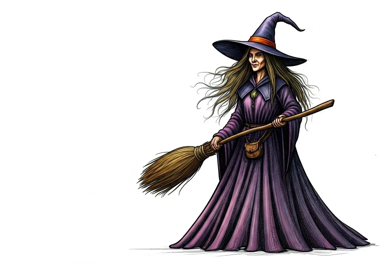 Una strega con cappello a punta e scopa, pronta a volare. In inglese, come si dice strega? Witch.