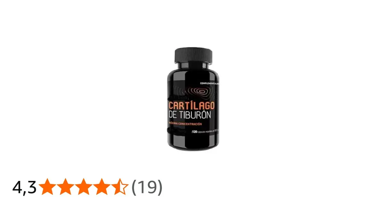 Bote negro con etiqueta naranja que anuncia "Cartílago de Tiburón" con alta concentración.