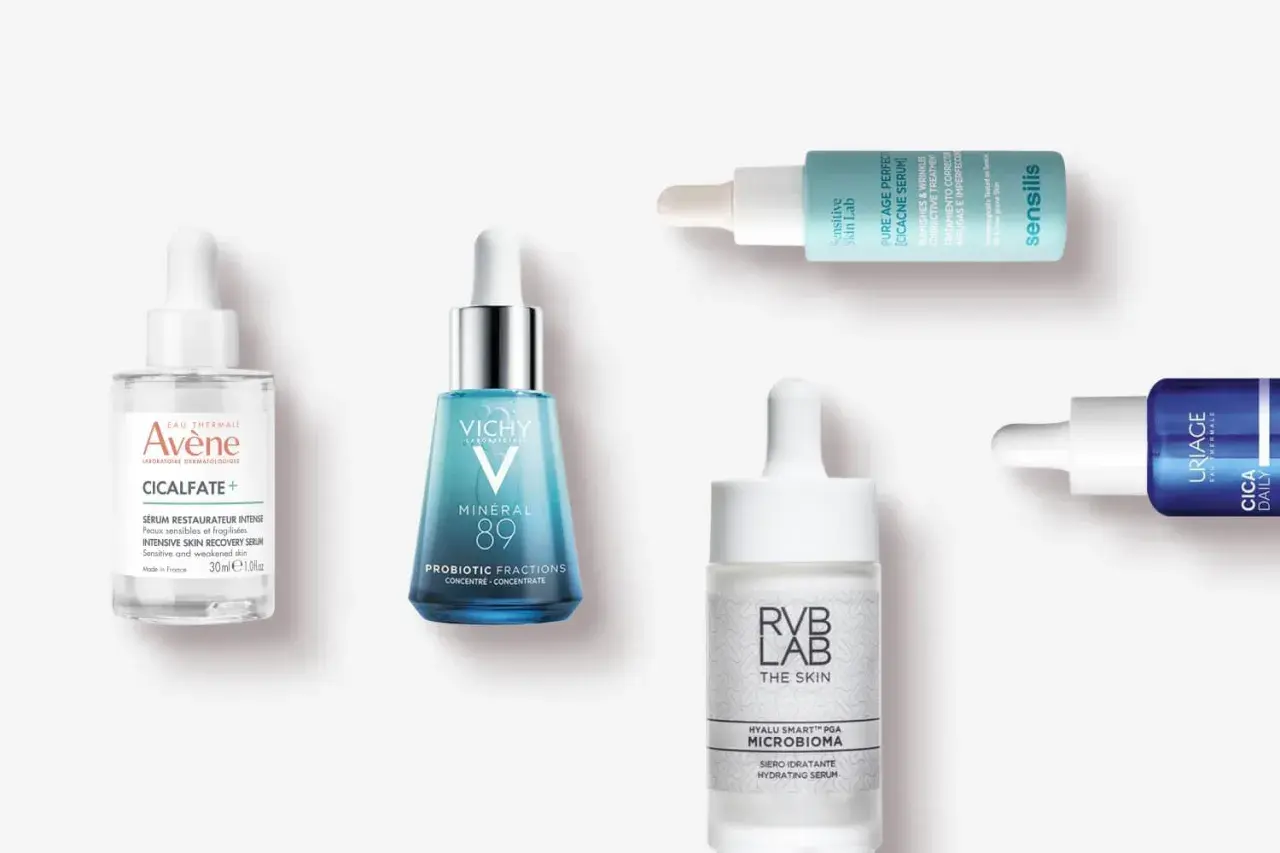 Flera serum för hudvård, inklusive probiotisk hudvård, från märken som Vichy, Avène och Uriage.