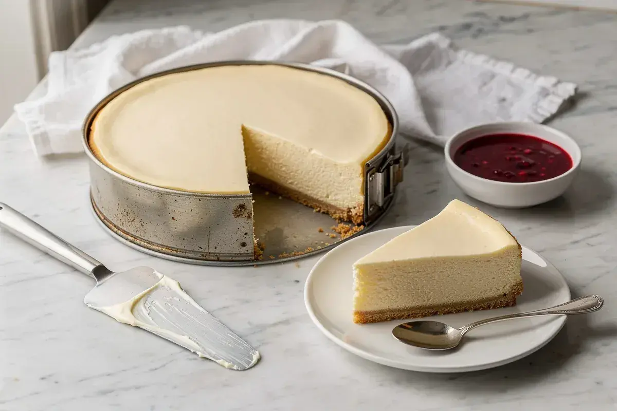 Cheesecake cotta in teglia, con una fetta servita su piatto, accompagnata da salsa ai frutti di bosco.