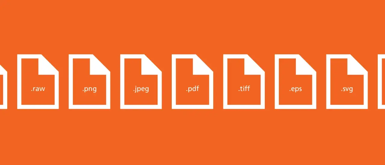 Icone di file con diverse estensioni immagini: .raw, .png, .jpeg, .pdf, .tiff, .eps, .svg.