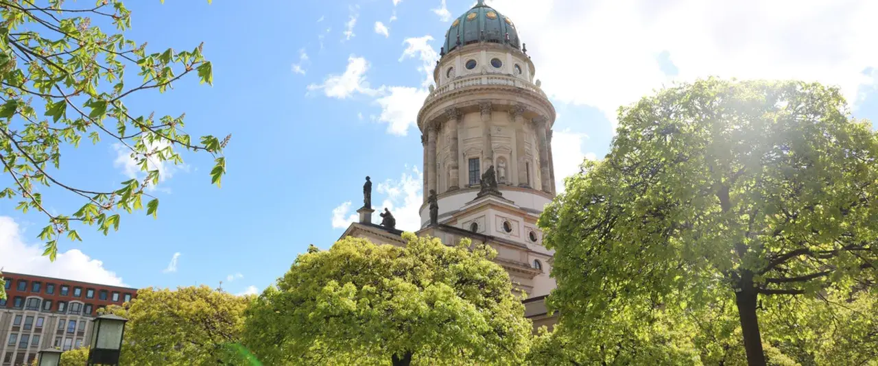 Der Dom in Deutschland, ein majestätisches Bauwerk, ragt hinter blühenden Bäumen in den blauen Himmel.