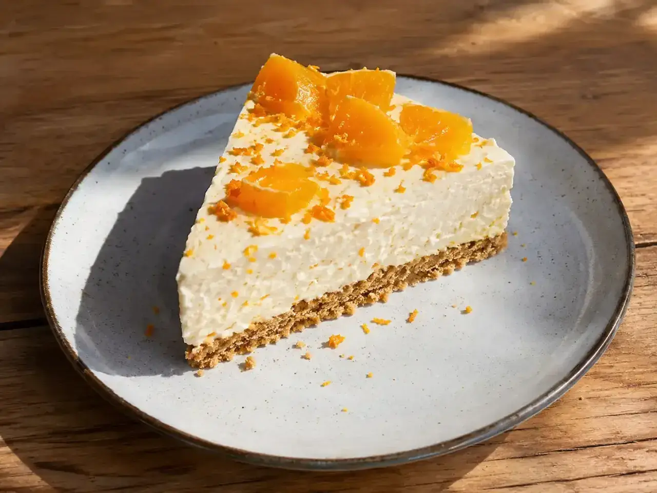 En krämig passionsfrukt cheesecake med apelsinzest och kanderad apelsin.