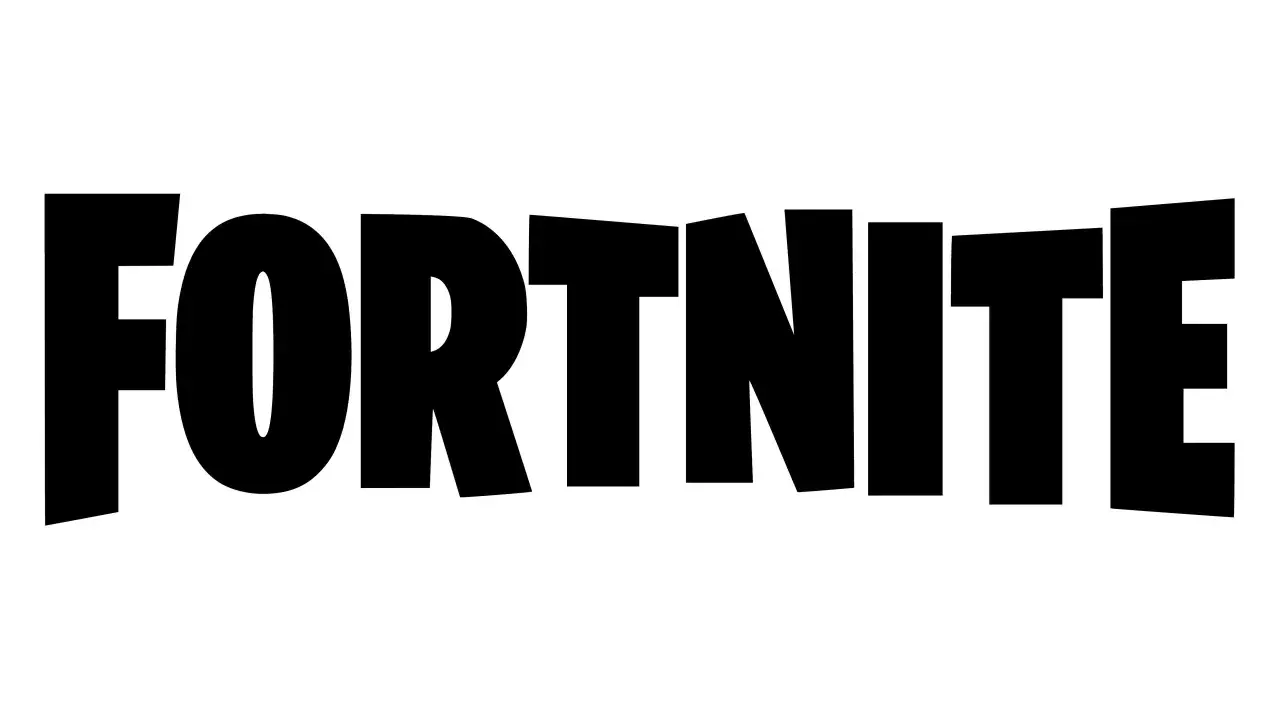 Czarny, wyrazisty znak Fortnite na białym tle.