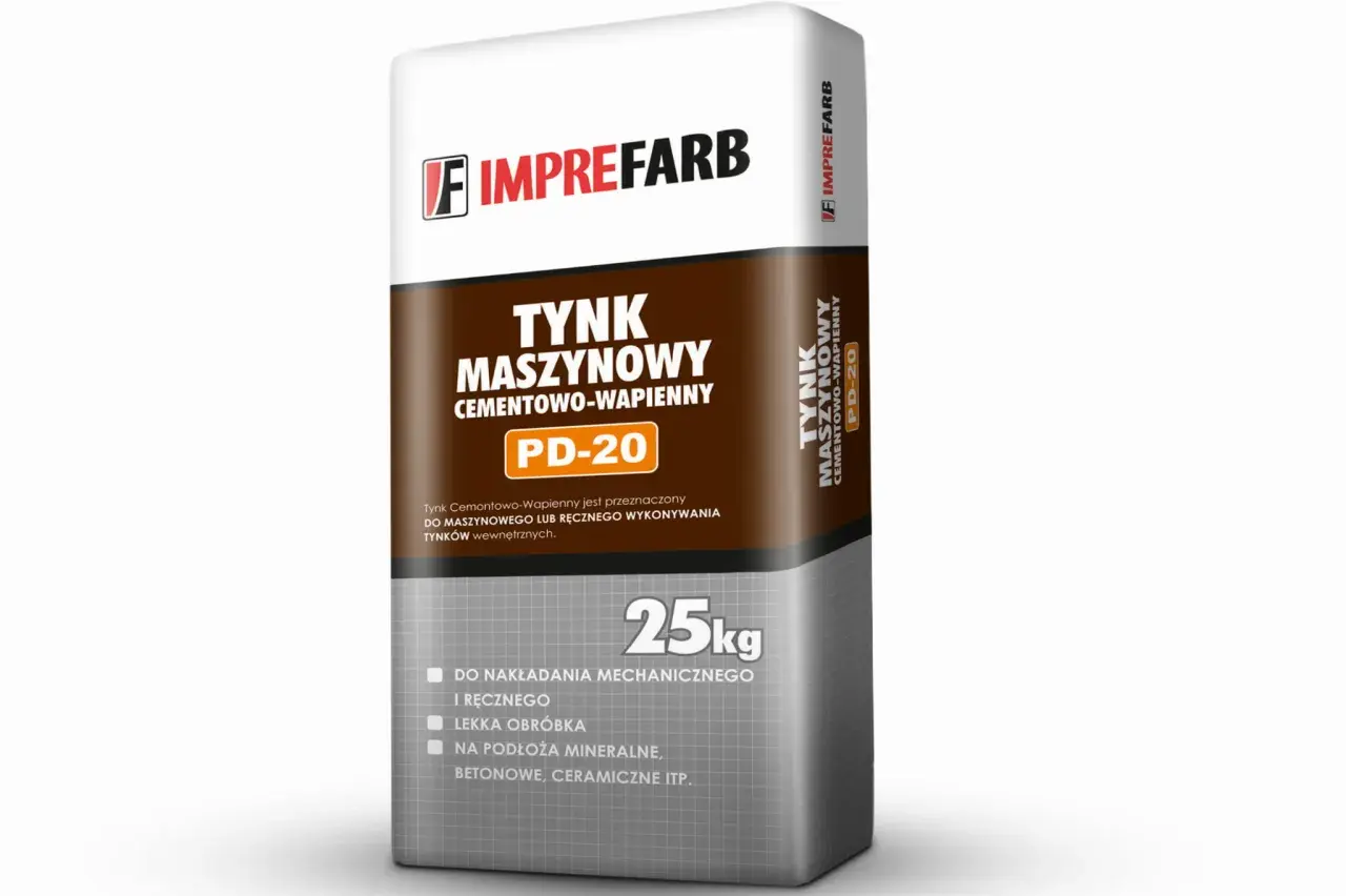 Worek z tynkiem maszynowym cementowo-wapiennym PD-20 marki Imprefarb. Idealny do nakładania mechanicznego i ręcznego.