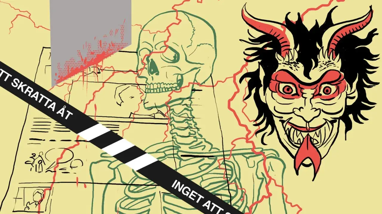 En demonisk figur och ett skelett, omgivna av röda linjer. Texten "ETT SKRATTA ÅT" och "INGET ATT S" antyder att detta är en illustration som visar vad betyder satir.