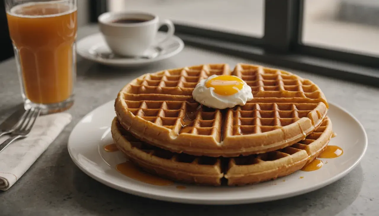 Gaufres dorées nappées de sirop, surmontées d'un œuf poché. Une tasse de café et un verre de jus complètent ce petit-déjeuner gourmand, parfait pour une recette gaufre réussie.