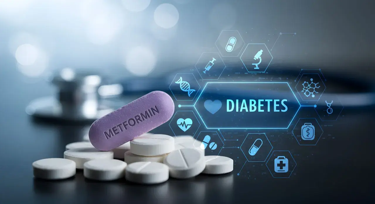 Fioletowa tabletka z napisem METFORMIN na stosie białych tabletek, obok ikony serca i napisu DIABETES.
