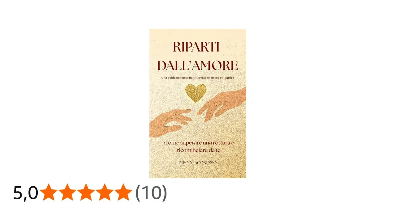 Copertina libro "Ripartire dall'amore": due mani si sfiorano sotto un cuore dorato spezzato. Una guida per superare una rottura e ricominciare da te.