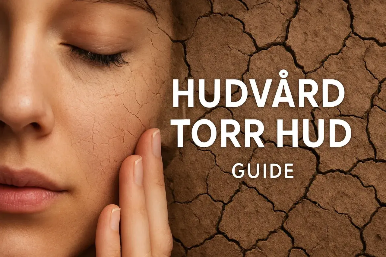 En närbild av ett ansikte med torr, sprucken hud. Texten "HUDVÅRD TORR HUD GUIDE" antyder att du kanske undrar vilken hudtyp jag har.