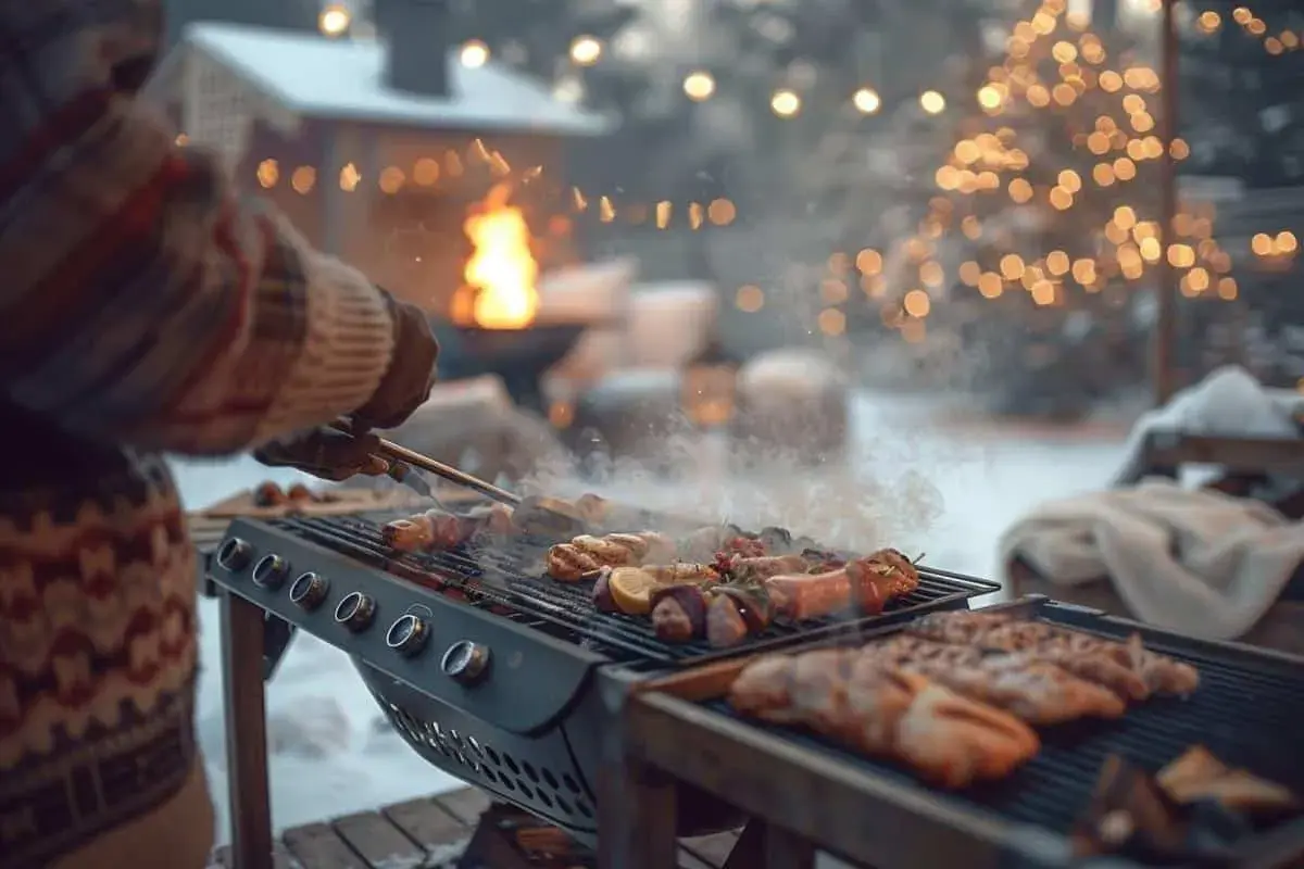 Un **barbecue d'hiver** en plein air, avec des brochettes et des saucisses grillant sur le feu, sous des guirlandes lumineuses. La neige recouvre le sol.