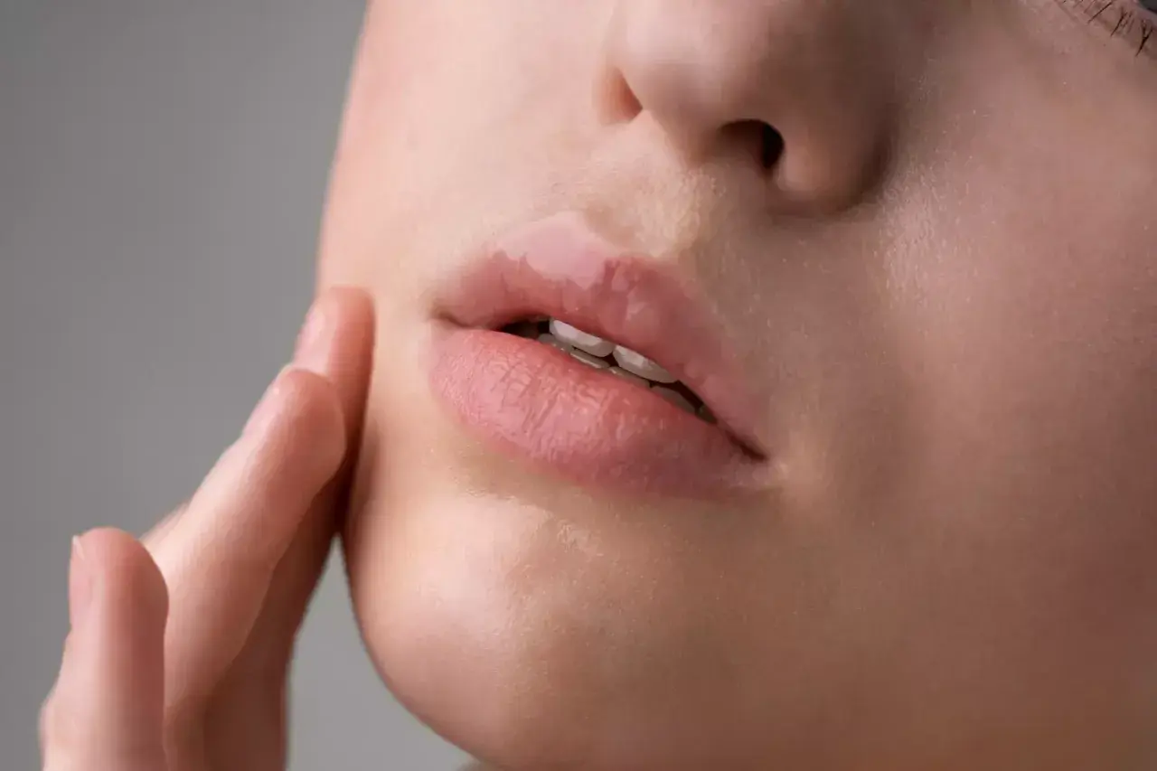 Labios rosados y brillantes, con una textura que podría sugerir la presencia de hongos en los labios, tocados suavemente por un dedo.