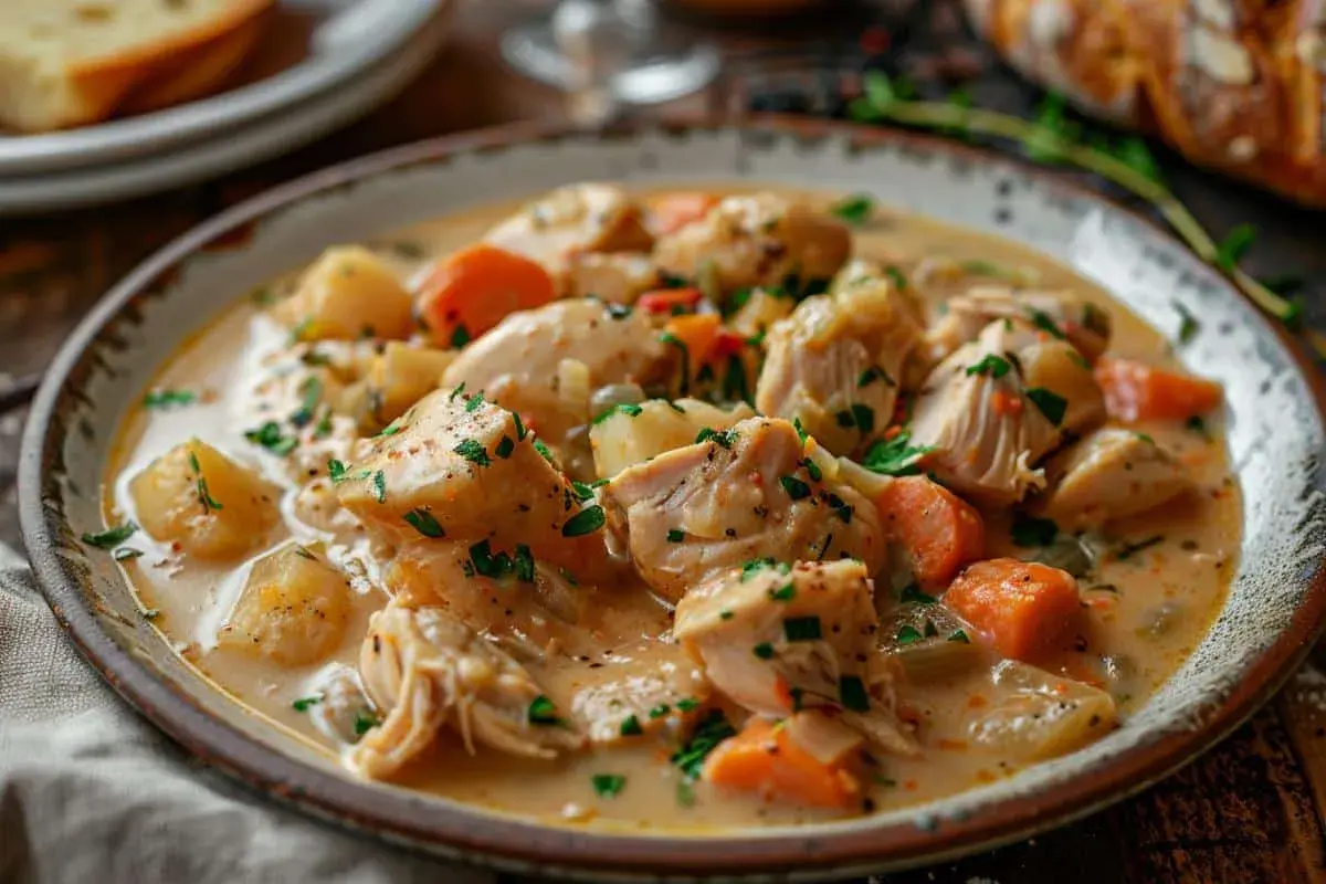 Une assiette de blanquette de dinde crémeuse avec des morceaux de dinde, des carottes et des pommes de terre, garnie de persil frais.