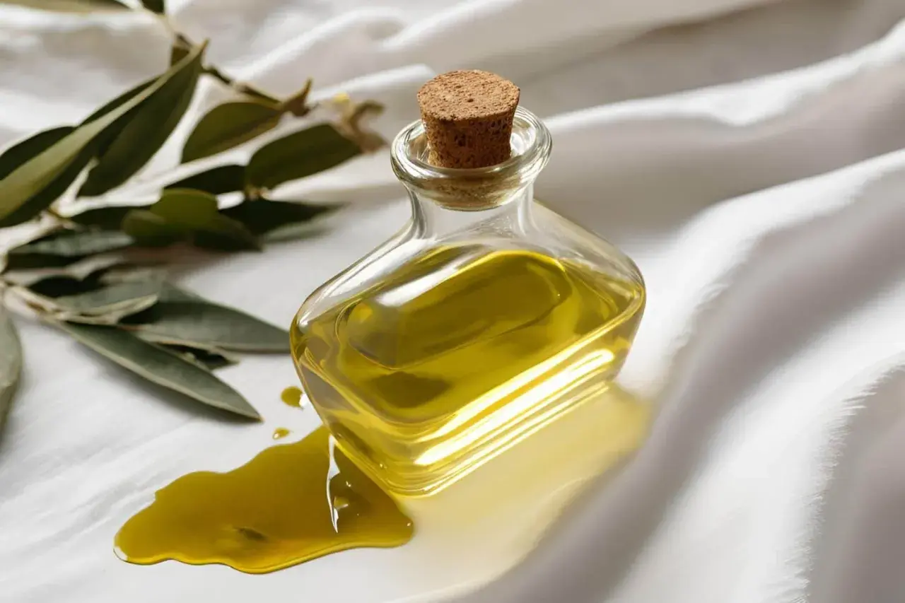 Aceite de oliva derramado de una botella, una escena que inspira a saber como quitar mancha de aceite.