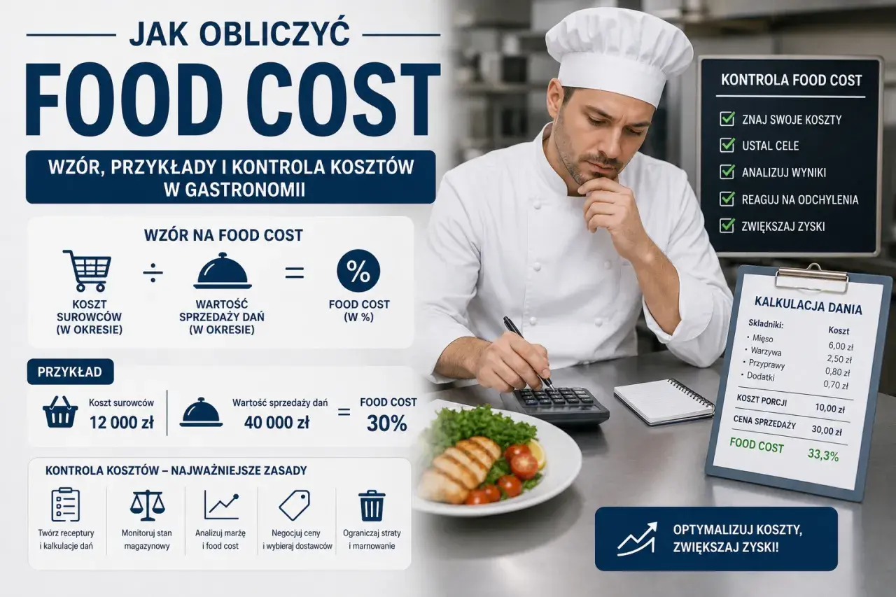 Szef kuchni analizuje koszty operacyjne przykłady, obliczając food cost. Na ekranie wzór, kalkulacja dania i zasady kontroli kosztów.