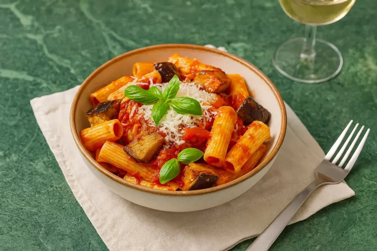 Eine Schüssel Pasta alla Norma mit Auberginen, Tomatensauce und Basilikum, garniert mit geriebenem Käse.