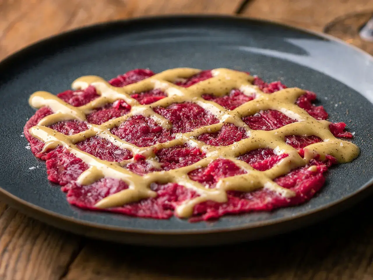 Rotes Carpaccio auf dunklem Teller mit gelber Sauce und Pfeffer bestreut.