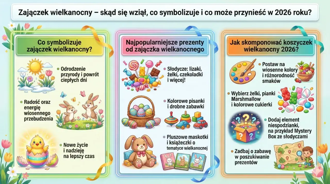 Ilustracja przedstawia trzy kolumny z informacjami o zajączku wielkanocnym: jego symbolikę, popularne prezenty i jak skomponować koszyczek.