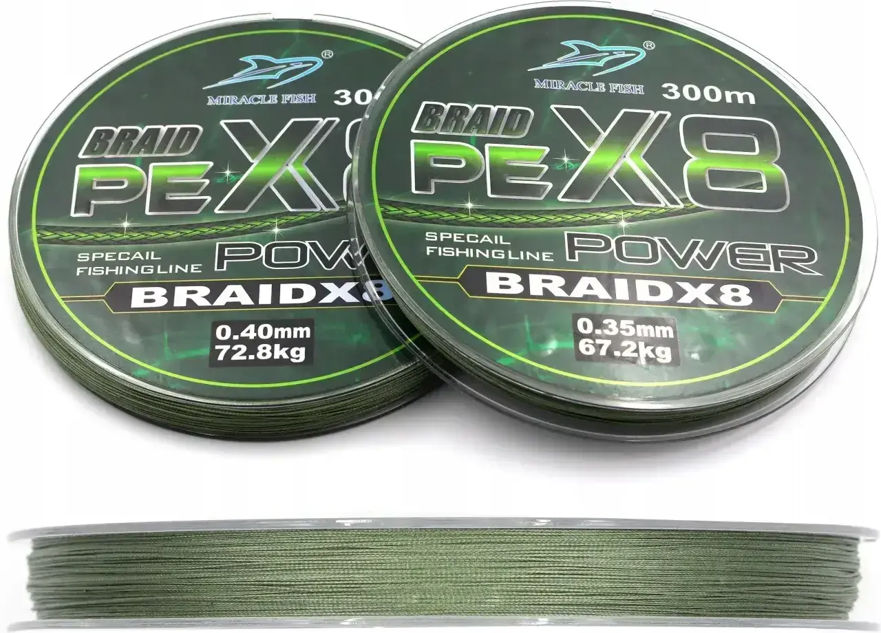 Dwie szpulki plecionki wędkarskiej Miracle Fish Braid X8. Jedna o średnicy 0.40mm i wytrzymałości 72.8kg, druga 0.35mm i 67.2kg.