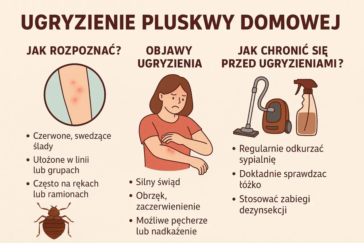 Ilustracja pokazuje ukąszenia pluskwy na skórze, objawy takie jak swędzenie i obrzęk, a także sposoby ochrony: odkurzanie i dezynsekcję.